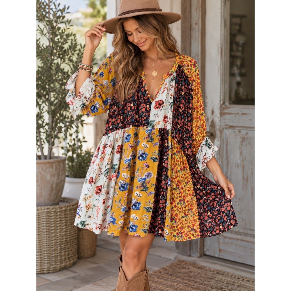 Umgee XL Patchwork Floral Dress Boho Babydoll Ruffle Bell Sleeve Cottagecore